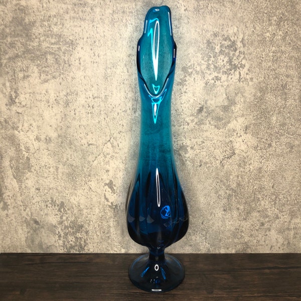 Vintage Viking Bright Vibrant Blue 6 Petal Bluenique 17.5” Tall Heavy Thick Pedestal Footed Swung Glass Vase with Wide Scalloped Mouth 1960s