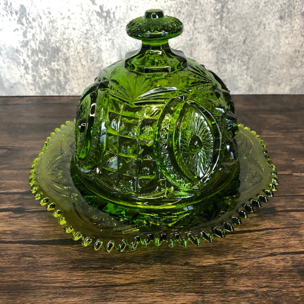 Antique Northwood Depression Glass EAPG Memphis Emerald Green Dome Lid Cut Glass Candy Butter Trinket Dish in Cane and Stars. Early 1900s.