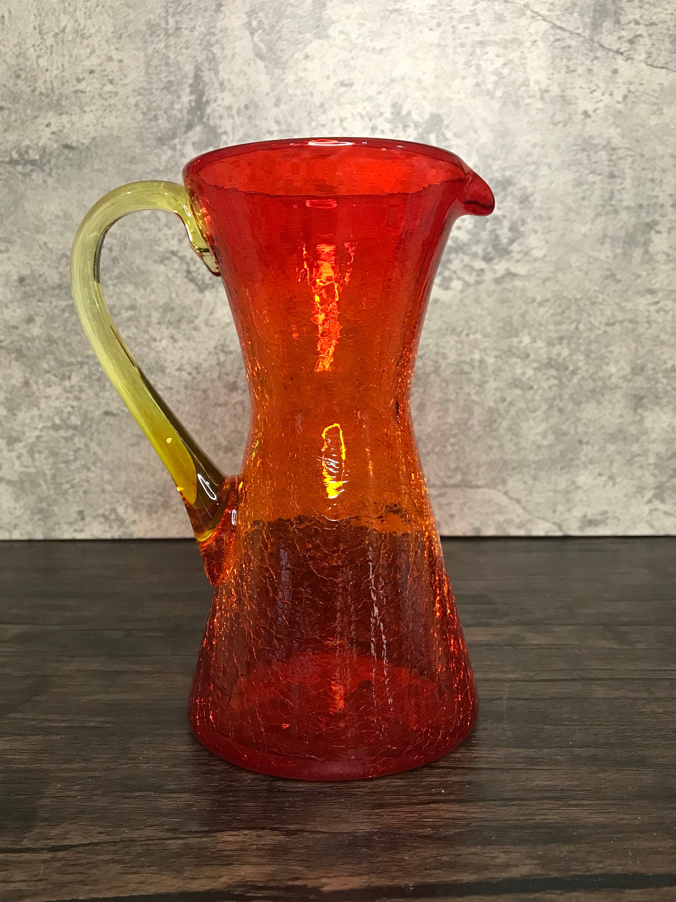 Vintage Rainbow Glass Cadmium Ombre Crimson Red and Yellow Art Crackle Glass Pitcher Vase Handblown Pontil Mark, UV Glow, 1960's