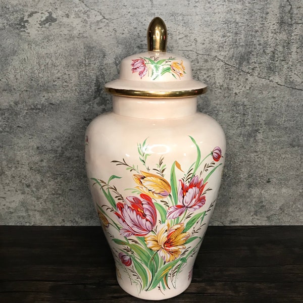 Vintage Pale Peach Pink Porcelain Ceramic Ginger Jar Urn with Bright Floral Tulips Bouquets and Gold Gilding. Lovely / Spring / Elegant