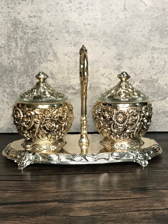 Harrison Fisher Silver Plated Floral Jam and Jelly Jars With Caddy