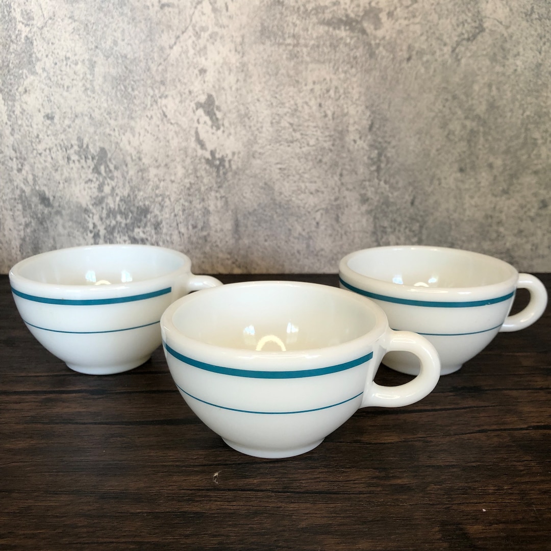 Vintage Pyrex Milk Glass Tea Cups: Cerulean Blue Stripe, Set of 3