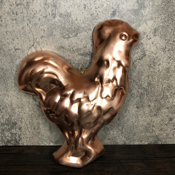 Vintage Bright Copper Rooster Chicken Shaped Cake Mold Pan Tin Lined French Country Hanging Wall Hanging Art. Made in Korea