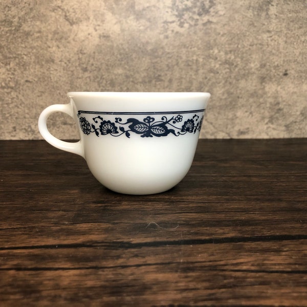 Single Corningware Pyrex White Milk Glass with Old Town Navy Blue Tea Coffee Cup Flower Floral Scroll Pattern. Replacement / Collectible