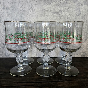 Set of 6, Vintage Libbey Glass for Arby’s Clear Crystal Wine Goblets with Red and Green Holly Berry Pattern, Gold Plated Rim, & Bow Stem