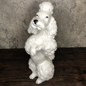 Vintage Tall Ceramic Porcelain Handpainted White Fluffy Fancy Poodle Dog Begging Sitting Up Figurine Statue. Made in Japan, 1940s-1950s