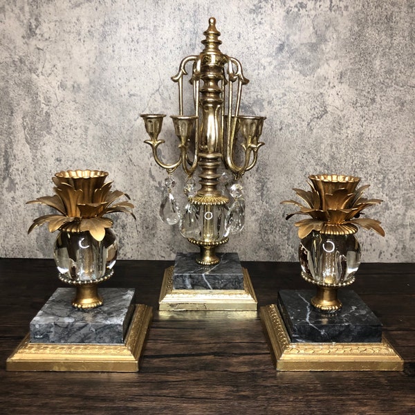 Vintage Dilly Set of 3, Hollywood Glamour 6 arm Candleabra and 2 Candlestick Holders Old Gold Painted Metal, Clear Crystal, and Marble Bases