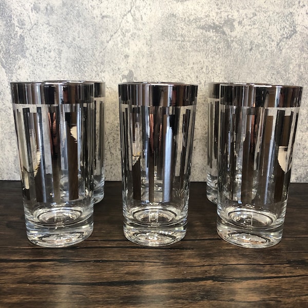Set of 6, Vintage Dorothy Thorpe Clear Glass with Platinum Silver Plated Rim and Stripes Highball Cooler Water Iced Tea Drinking Glasses