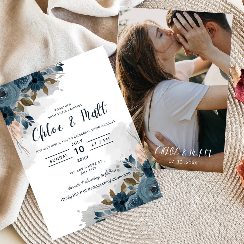 Watercolor Flowers Wedding Invitation Template Editable Navy Watercolor
