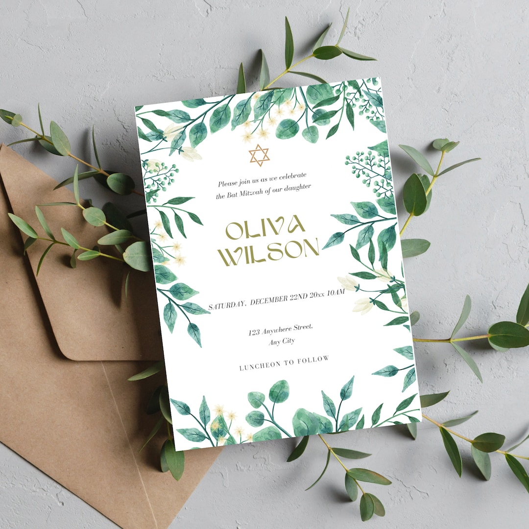 EDITABLE Bat Mitzvah Invitation Template, Green Floral Printable Bat ...