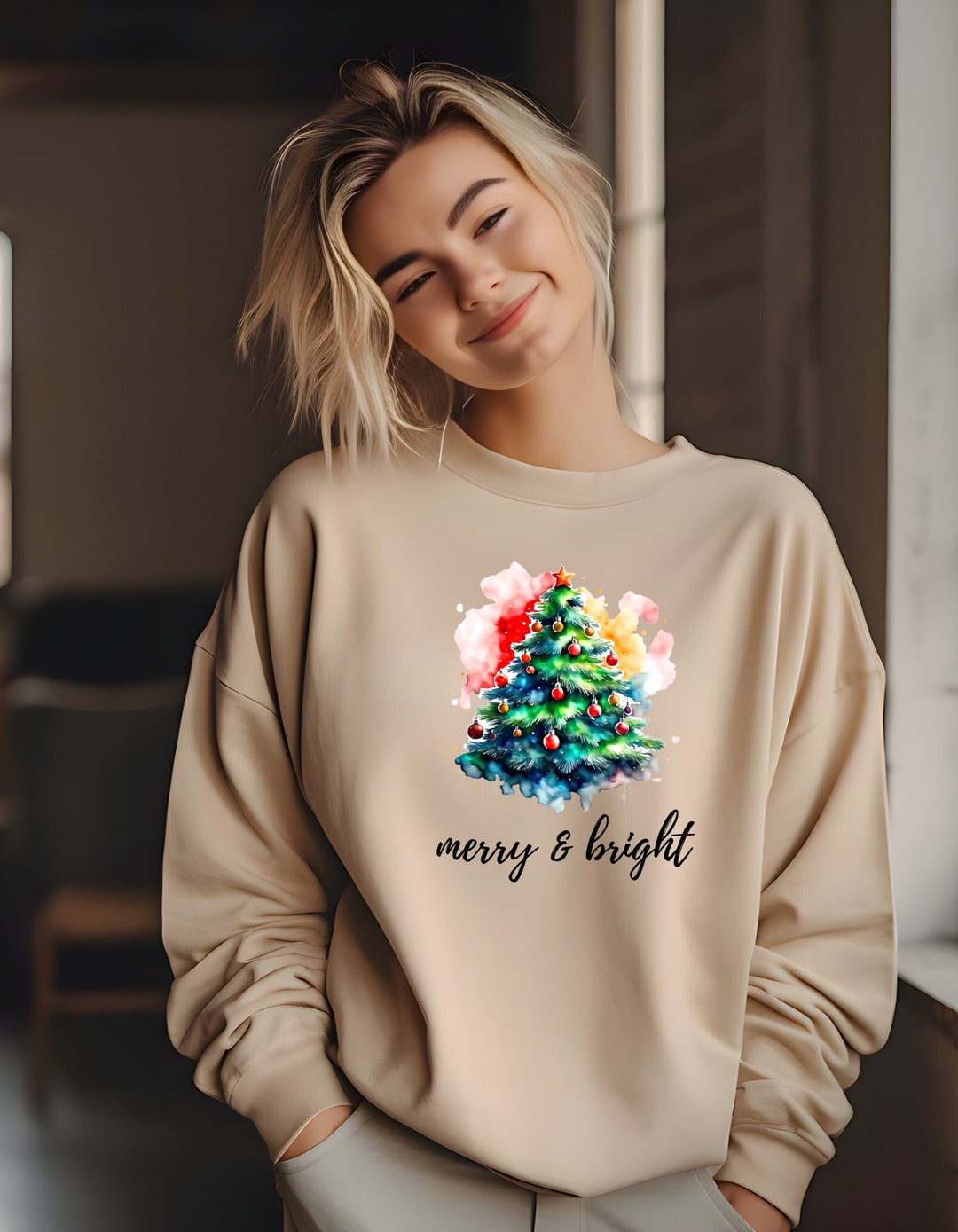 Cute Christmas Tree Message Merry & Bright Colorful Etsy