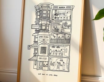 Pode incluir: Uma impressão artística em preto e branco emoldurada que retrata um edifício de vários andares com vistas em corte de vários bares e interiores. O texto "BODEGA" e "wet bars of north beach" é visível. A ilustração apresenta detalhes arquitetónicos.