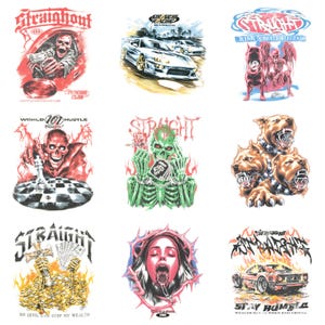 Peut inclure: Une collection de neuf impressions graphiques présentant diverses illustrations, notamment des squelettes, des voitures de sport, des chiens et des figures humaines. Les motifs intègrent des textes comme Straight, Racing, Risk Creates Legends et World Hustle.