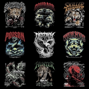 Könnte beinhalten: Eine Sammlung von neun Grafikdesigns mit Tier- und Totenkopfmotiven sowie kräftiger Typografie. Die Drucke zeigen einen Leoparden, Panther, einen Tiger, eine Schlange mit Totenköpfen, einen Adler, einen Wolf, einen Skorpion und einen Wolf.