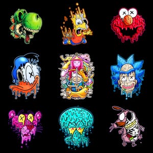 May include: Nine cartoon character illustrations with a dripping effect on a black background. Characters include Yoshi, Bart Simpson, Elmo, Donald Duck, Adventure Time characters, Rick Sanchez, Pink Panther, Squidward, and Courage the Cowardly Dog.