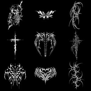 May include: Nine white gothic illustrations on a black backdrop. The designs feature a cross, butterfly, heart, and abstract, spiky shapes. The artwork has a dark, edgy aesthetic, with a focus on intricate detail.