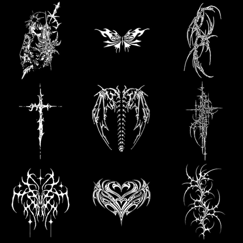 May include: A collection of nine white, gothic-style illustrations on a black background. The designs include a cross, a butterfly, a heart, and other abstract, spiky shapes. The artwork has a dark, edgy aesthetic.