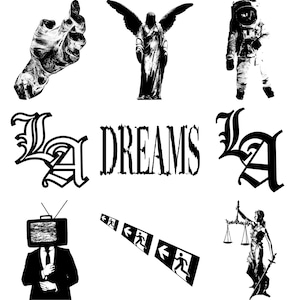 Può includere: Illustrazioni grafiche in bianco e nero con vari elementi. Include una mano, una statua di angelo, un astronauta, il testo "LA DREAMS" e altri simboli. Lo stile ricorda i tatuaggi o l'arte di strada.