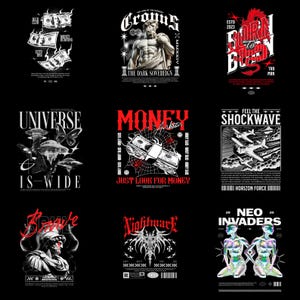 Könnte beinhalten: Eine Sammlung von neun Grafikdesigns auf schwarzem Hintergrund. Die Designs zeigen Text und Illustrationen in Rot und Weiß, darunter Geld, Statuen und abstrakte Figuren. Einige Designs enthalten den Text "Money Burning", "Born to Burn" und "Neo Invaders".