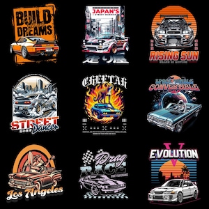 Könnte beinhalten: Neun Grafikdesigns mit Oldtimern in verschiedenen Stilen. Designs enthalten Texte wie "Build Your Dreams", "Japan's Street Warrior", "Rising Sun", "Street Dancer", "Cheetah", "Space Rumble Convertible", "Los Angeles", "Drag Race" und "Evolution".