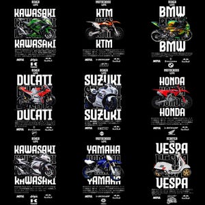 May include: A black graphic showcasing nine motorcycles and scooters, each branded with names like Kawasaki, KTM, BMW, Ducati, Suzuki, Honda, Yamaha, and Vespa. The image includes text such as "Biker Life" and "Motocross Life."