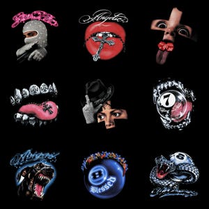May include: A collection of nine graphic designs on a black background featuring a rhinestone mask, red lips with a cross, a face with dice, silver teeth grills, a fedora with a glove, a number seven ball, a snarling dog, an eight ball, and a snake.