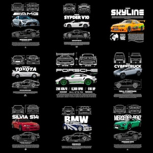 May include: Black graphic showcasing several car models, such as AMG, Porsche, and Tesla Cybertruck. Each car is presented with a coloured image and a blueprint-style outline, displaying various angles and specifications. Text labels identify each car.
