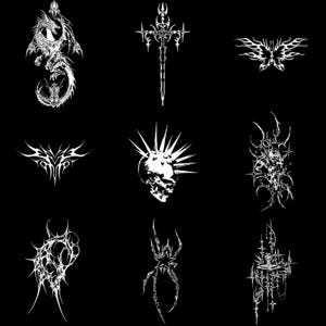 May include: Nine white graphic designs on a black background. The designs include a dragon, a sword, a butterfly, an abstract design, a skull with spikes, an abstract design, another abstract design, a spider, and a castle-like design.