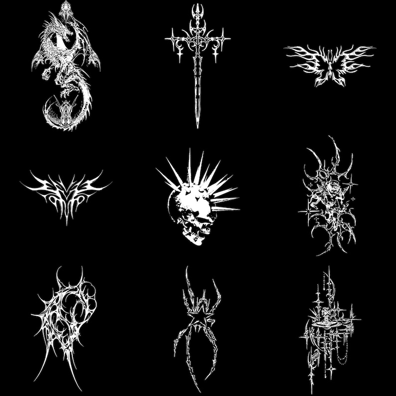 May include: Nine white graphic designs on a black background. The designs include a dragon, a sword, a butterfly, an abstract design, a skull with spikes, an abstract design, another abstract design, a spider, and a castle-like design.