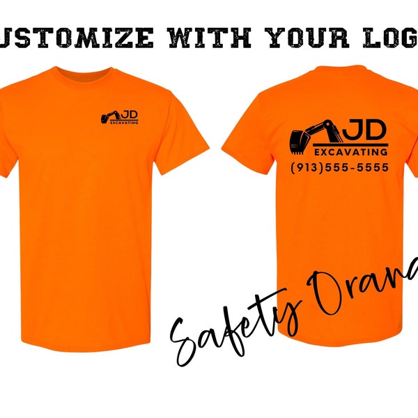 Mens Work Shirts, Custom Construction Shirt, Safety Orange, Orange Safety Hi Vis Shirt, Full Color Logo, Men's Workwear, High Visibility