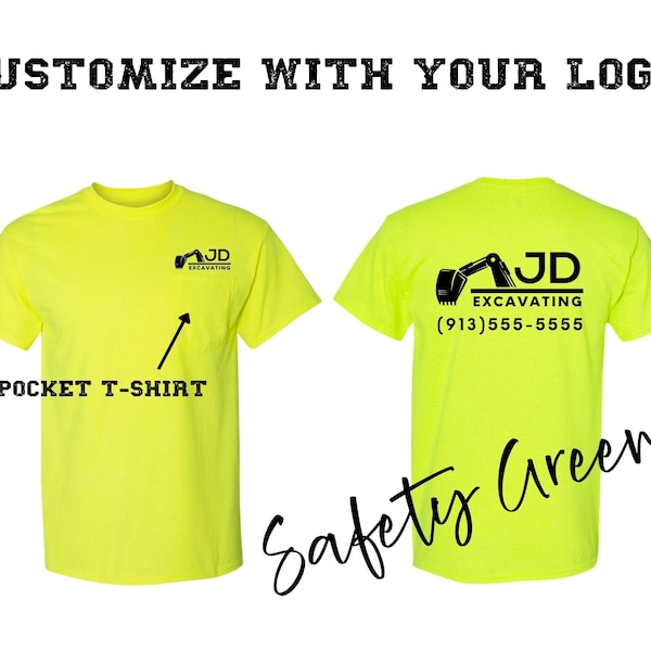 Mens Pocket T-Shirt, Construction Shirt, Safety Green Work Shirt, Men's Safety Shirt, Full Color Logo, High Visibility Shirt, Custom Logo