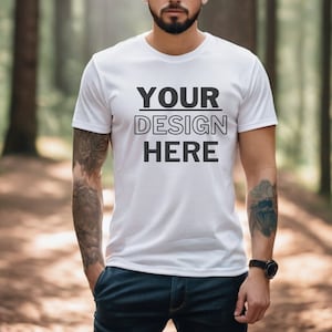 White Bella Canvas 3001 Mockup, T-Shirt Mockup, Male Model Mockup, 3001 Man Shirt Mockup, Nature Mockup in the Woods, White Tee Mock Outdoor