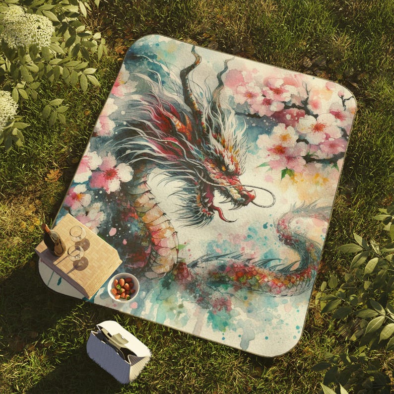 Dragon Picnic Blanket Vibrant Beach Blanket, Watercolor Stadium Blanket