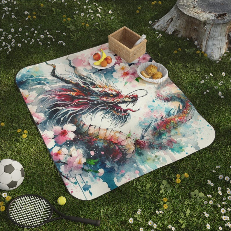 Dragon Picnic Blanket Vibrant Beach Blanket, Watercolor Stadium Blanket