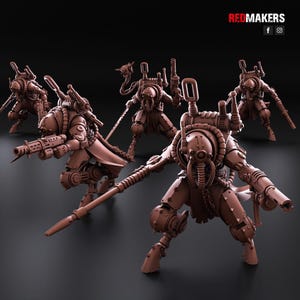 May include: A group of six detailed, brown, plastic miniature figures of steampunk robots with guns and pipes. The figures are posed in a dynamic action stance.