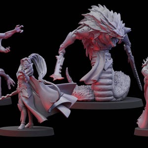 Puede incluir: Cuatro figuras en miniatura, pintadas en color gris claro, se muestran en bases individuales. Las figuras representan una variedad de criaturas fantásticas, incluyendo una criatura serpentina con alas, una figura humanoide con múltiples brazos, una figura femenina con una capa fluida y una figura encapuchada con un casco con cuernos.