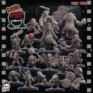Op de afbeelding: Een verzameling grijze goblin-beeldjes, elk met unieke kenmerken en poses. Sommige goblins houden wapens vast, terwijl andere vleermuisvleugels hebben of maskers dragen. De tekst "Goblin Horror Movies" en "Core Team" is inbegrepen.