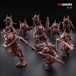 May include: A group of ten detailed, brown, plastic miniature figures of robots with guns and other weapons. The figures are posed in a variety of action poses. The figures are standing on a gray surface.