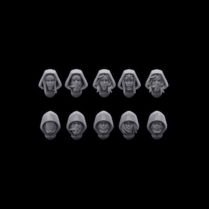Könnte beinhalten: Eine Sammlung von zehn grauen, kapuzenartigen Miniaturköpfen. Die Köpfe weisen verschiedene Frisuren und Gesichtsdetails auf, darunter Masken und Stirnbänder. Die Figuren sind in zwei Reihen zu je fünf Stück vor schwarzem Hintergrund angeordnet.
