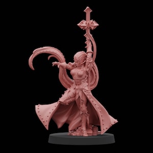 May include: A pink-toned miniature figure of a female warrior, holding a sword aloft. The figure is clad in armour and a flowing cloak, with intricate details. The miniature is mounted on a black base, set against a black background.