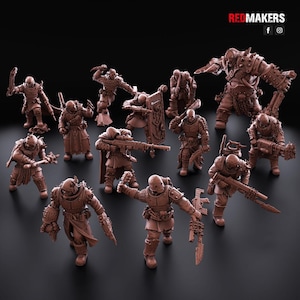 May include: A collection of brown miniature figurines of armored soldiers and warriors, some wielding weapons like rifles, swords, and axes. The figures are posed in various action stances, with a dark background.