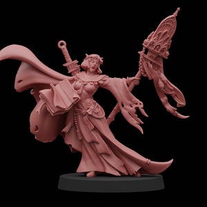 May include: A detailed, monochromatic figurine of a fantasy character, likely for tabletop gaming. The figure is a robed woman with a sword, book, and banner. The figure is standing on a small, round base. The colour is a muted reddish-brown.
