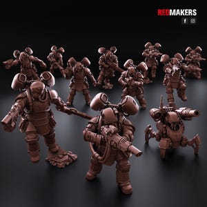 May include: A collection of brown miniature figurines of futuristic soldiers and a small tank-like vehicle. The soldiers are equipped with helmets, armor, and various weapons. The Redmakers logo is in the top right corner.