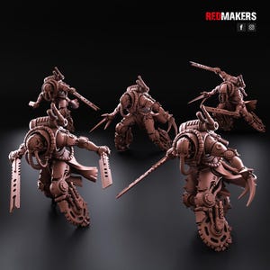 May include: Five detailed, brown, plastic miniature figures of robots with weapons and wheels. The robots are posed in a dynamic action stance.