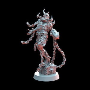 May include: A gray, detailed miniature figurine of a demon-like figure with horns, a gas mask, and multiple chains. The figure is standing on a circular base.