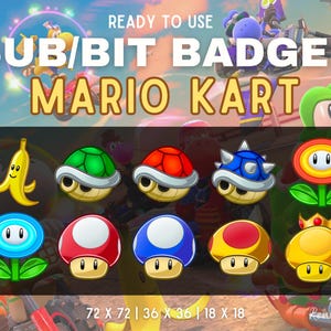 Mario Kart Sub & Bit Badges - Mario Kart Items Twitch Badge Set | Red Shell, Green Shell, Mushroom, Nintendo Inspired | 10-Pack Digital PNGs