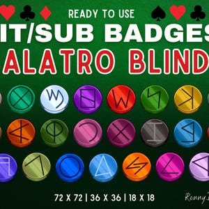 Op de afbeelding: Een afbeelding met kleurrijke ronde badges met verschillende symbolen, ontworpen voor gebruik als bit- of sub-badges. De tekst "BIT/SUB BADGES BALATRO BLINDS" staat boven de badges. De afmetingen zijn ook vermeld.