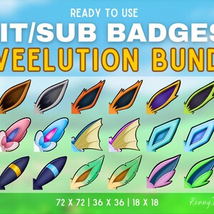 May include: A digital graphic featuring a collection of colorful ear-shaped badges. The text "READY TO USE BIT/SUB BADGES EEVEELUTION BUNDLE" is displayed at the top. The badges are in various colors and designs, with sizes 72 x 72, 36 x 36, and 18 x 18.