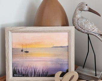 Boats anchored in the calm bay. Orange sunset over water. Lighthouse. Original Painting. Ocean Beach Seascape Bay Fishermen Wall Art Decor