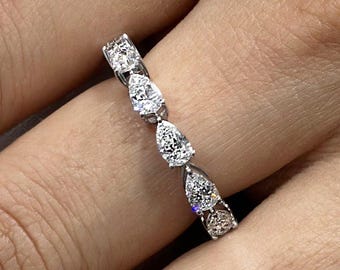 Pear Shaped Moissanite Wedding Band Half Eternity Engagement Band 14K Solid Gold Matching Stackable Ring Anniversary Band for her